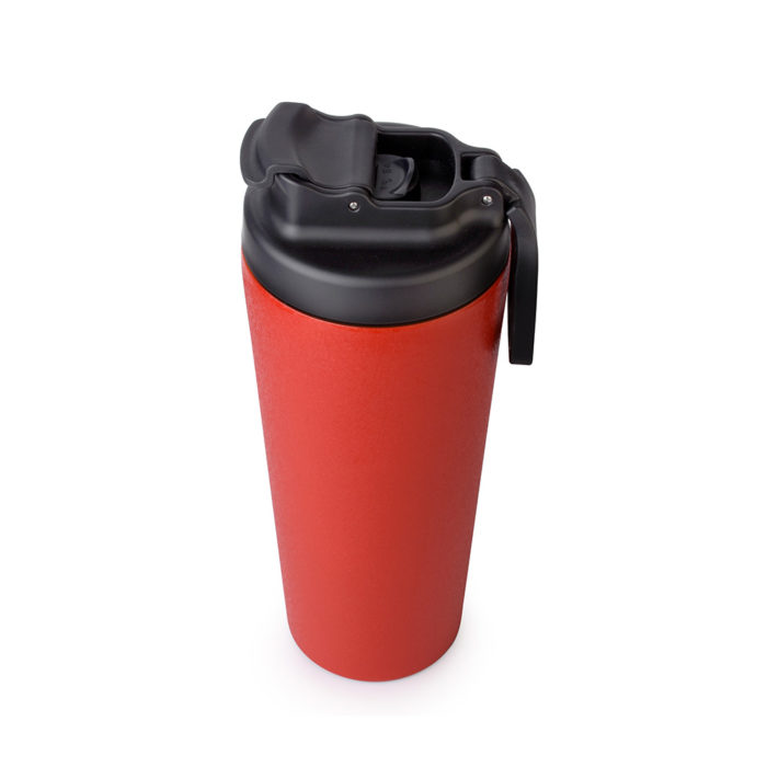 vacuum insulated stainless steel tumbler with flip lid and handle
