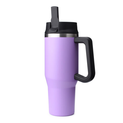  vacuum insulated stainless steel travel tumbler with handle and straw lid