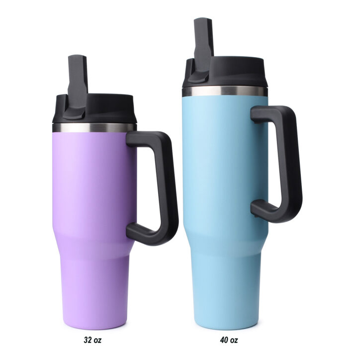 vacuum insulated stainless steel travel tumbler with handle and straw lid