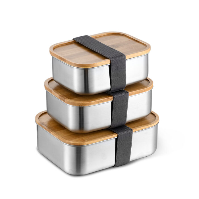 stainless steel food container with wooden lid