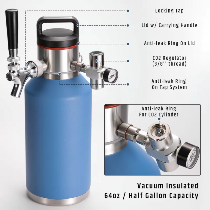 Stainless Steel Mini Pressurized Growler Keg Wide Mouth 128oz with Tap