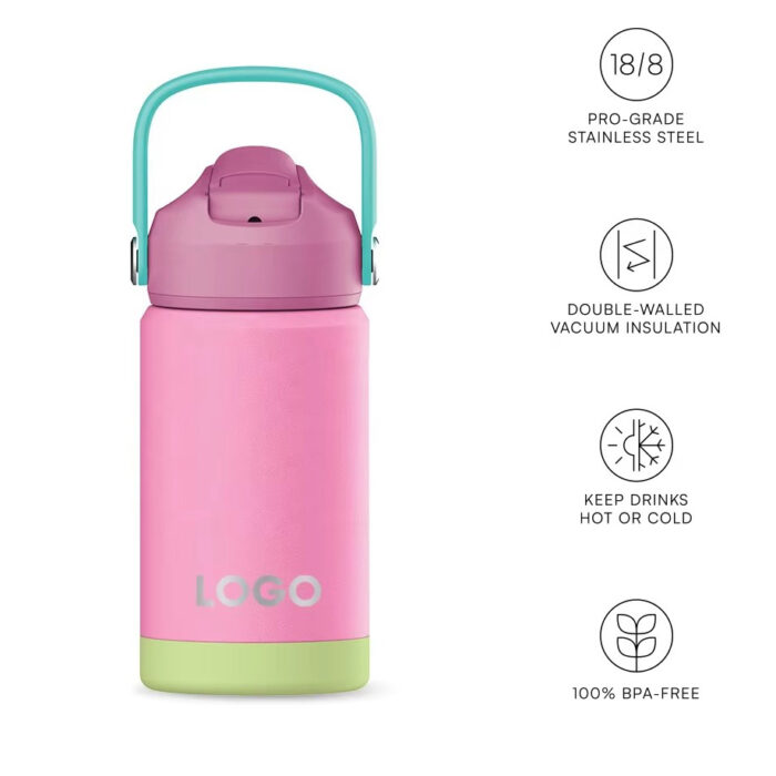 Custom Children's Bottle Stainless Steel Kids Drink Flask with Straw Lid Handle