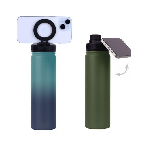 Magnetic Lid Stainless Steel Sport Bottle Mobile Phone Holder Thermos Cup