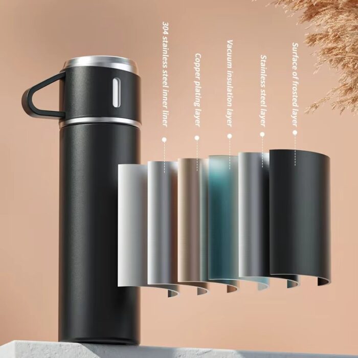 Vacuum Flask Gift Set with 3 Cups Lids Double Wall Stainless Steel Insulated Mug Thermos Cup