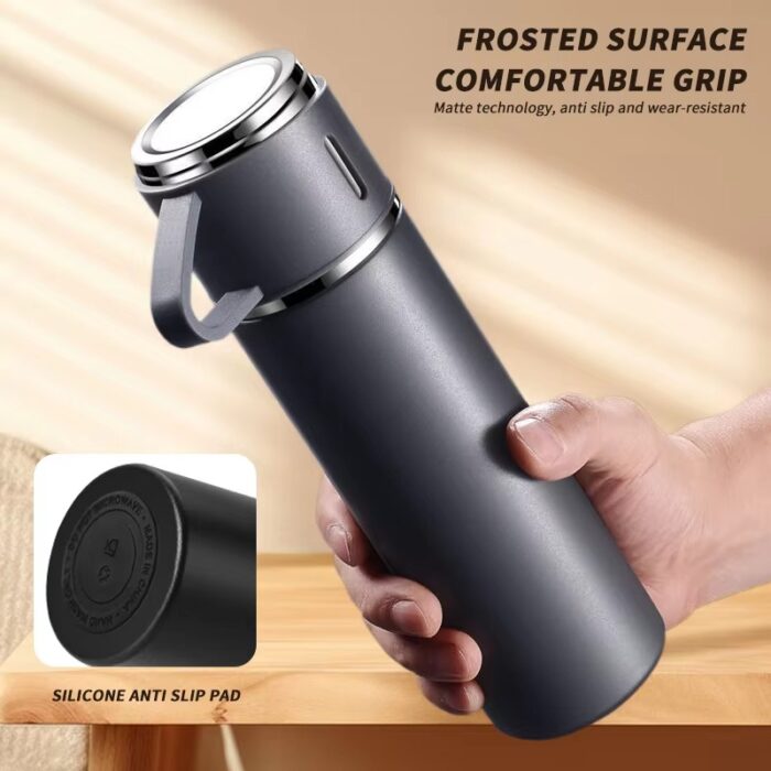 Vacuum Flask Gift Set with 3 Cups Lids Double Wall Stainless Steel Insulated Mug Thermos Cup