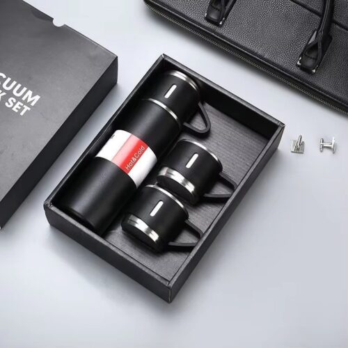 Vacuum Flask Gift Set with 3 Cups Lids Double Wall Stainless Steel Insulated Mug Thermos Cup