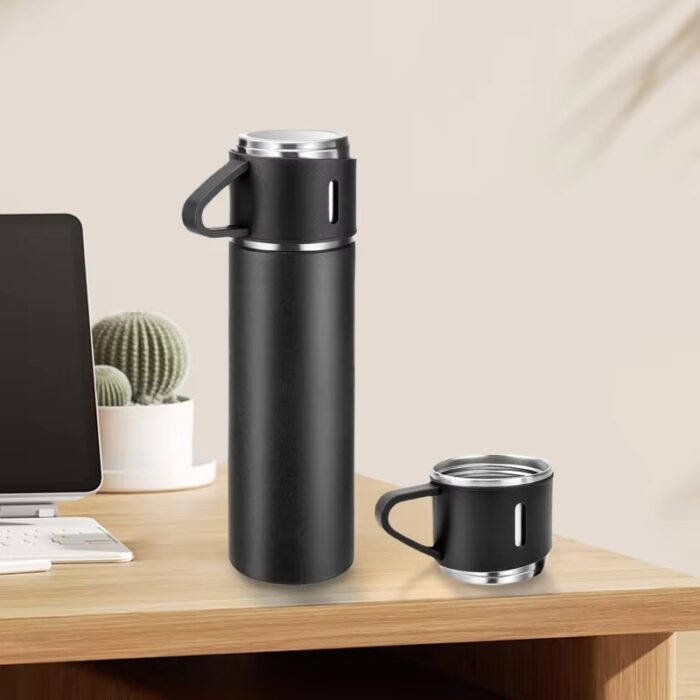 Vacuum Flask Gift Set with 3 Cups Lids Double Wall Stainless Steel Insulated Mug Thermos Cup