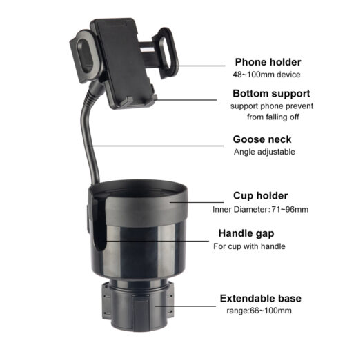 2 in 1 Car Phone & Cup Holder Expander with Retractable Neck Arm Extendable Base