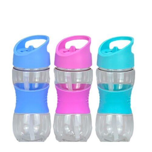 Plastic Kids Drink Water Bottle with Straw, Handle, and Silicone Cup Sleeve