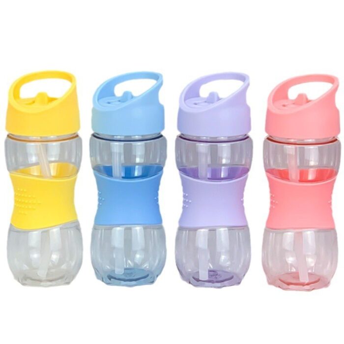 Plastic Kids Drink Water Bottle with Straw, Handle, and Silicone Cup Sleeve