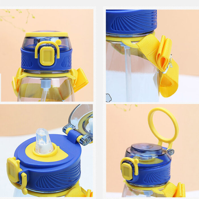 Durable Plastic Kids Water Bottle with Straw, Strap And Locking Flip Lid Reusable Leak-Proof