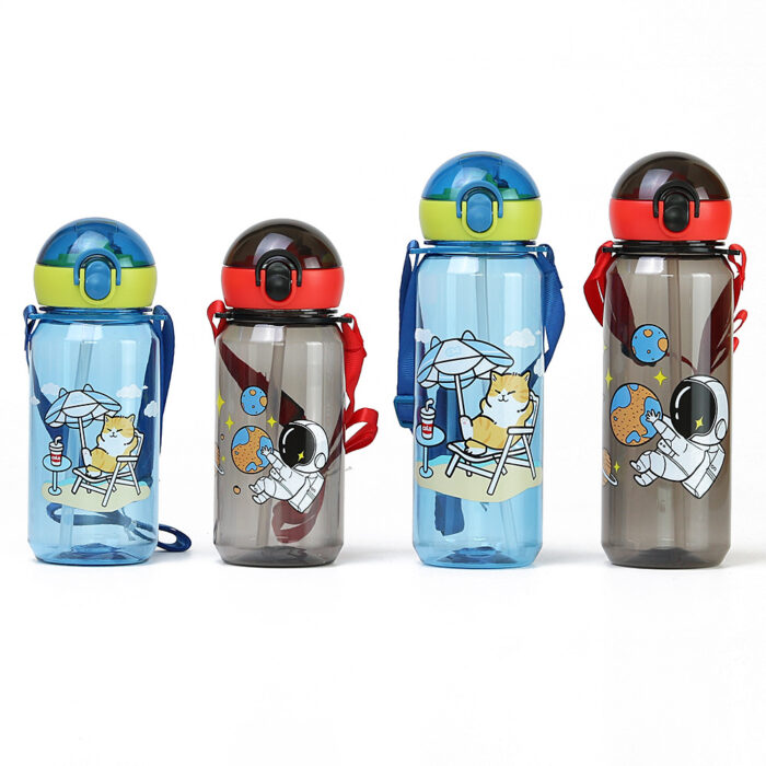 Kids Plastic Water Bottle with Straw, Strap, and Locking Flip Lid for School, Travel