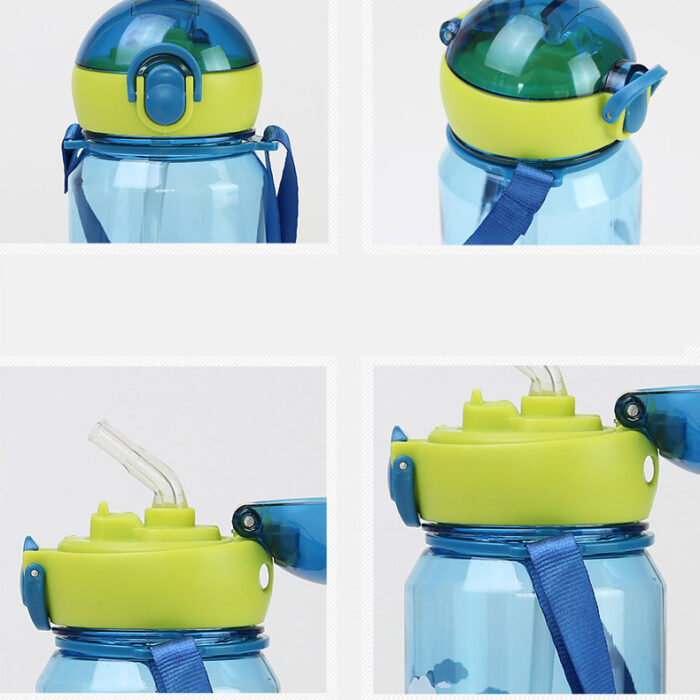 Kids Plastic Water Bottle with Straw, Strap, and Locking Flip Lid for School, Travel