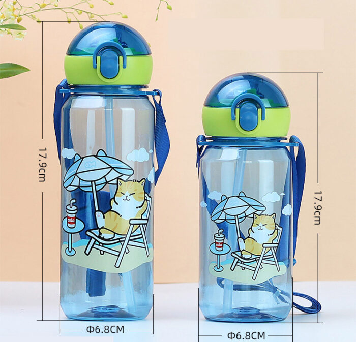 Kids Plastic Water Bottle with Straw, Strap, and Locking Flip Lid for School, Travel