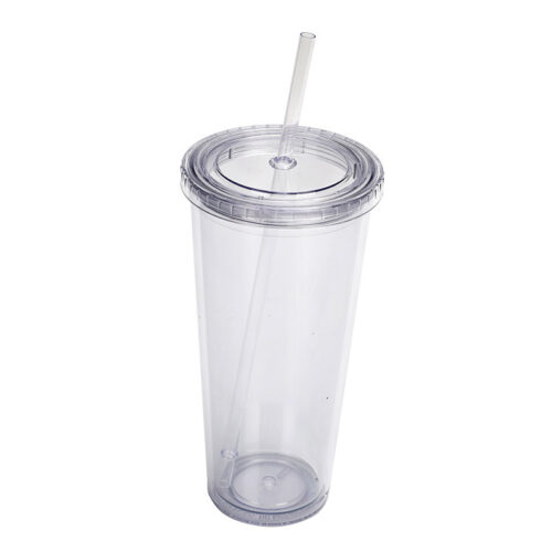 Travel Tumbler Double Wall Insulated Plastic Water Bottle Coffee Mug Cup Clear With Straw